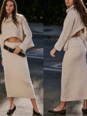 Free People Free-Est Milley Reversible Midi Skirt Beige Knit High Waist Small